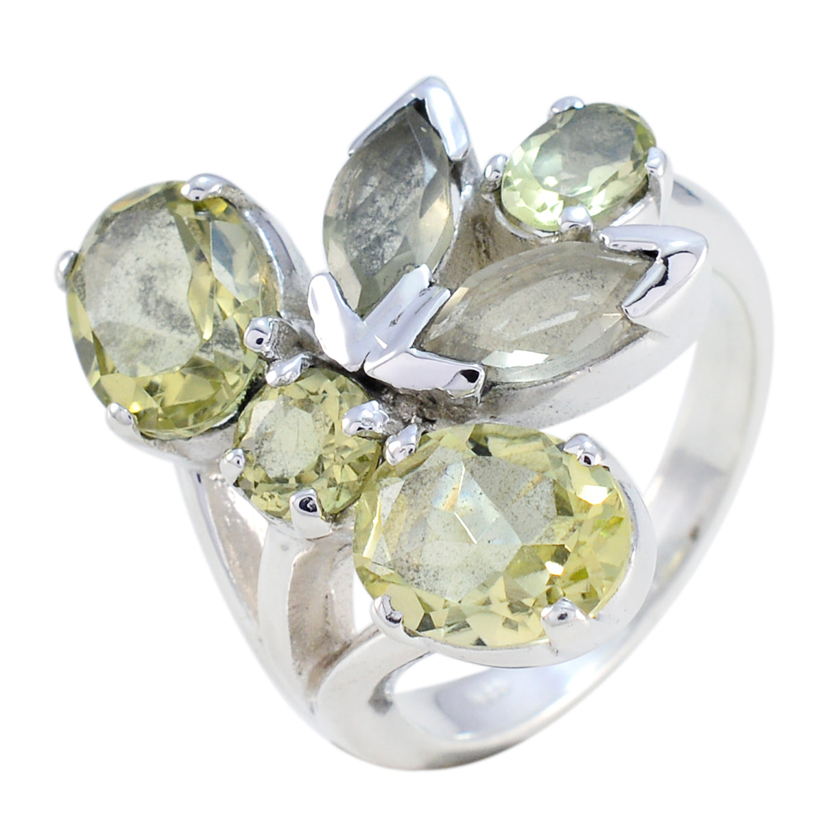 Aria yellow gemstone ring for women with multiple oval and marquise faceted stones in silver setting