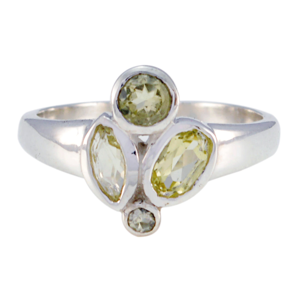 Angel yellow gemstone ring with three differently shaped yellow gemstones set in silver band