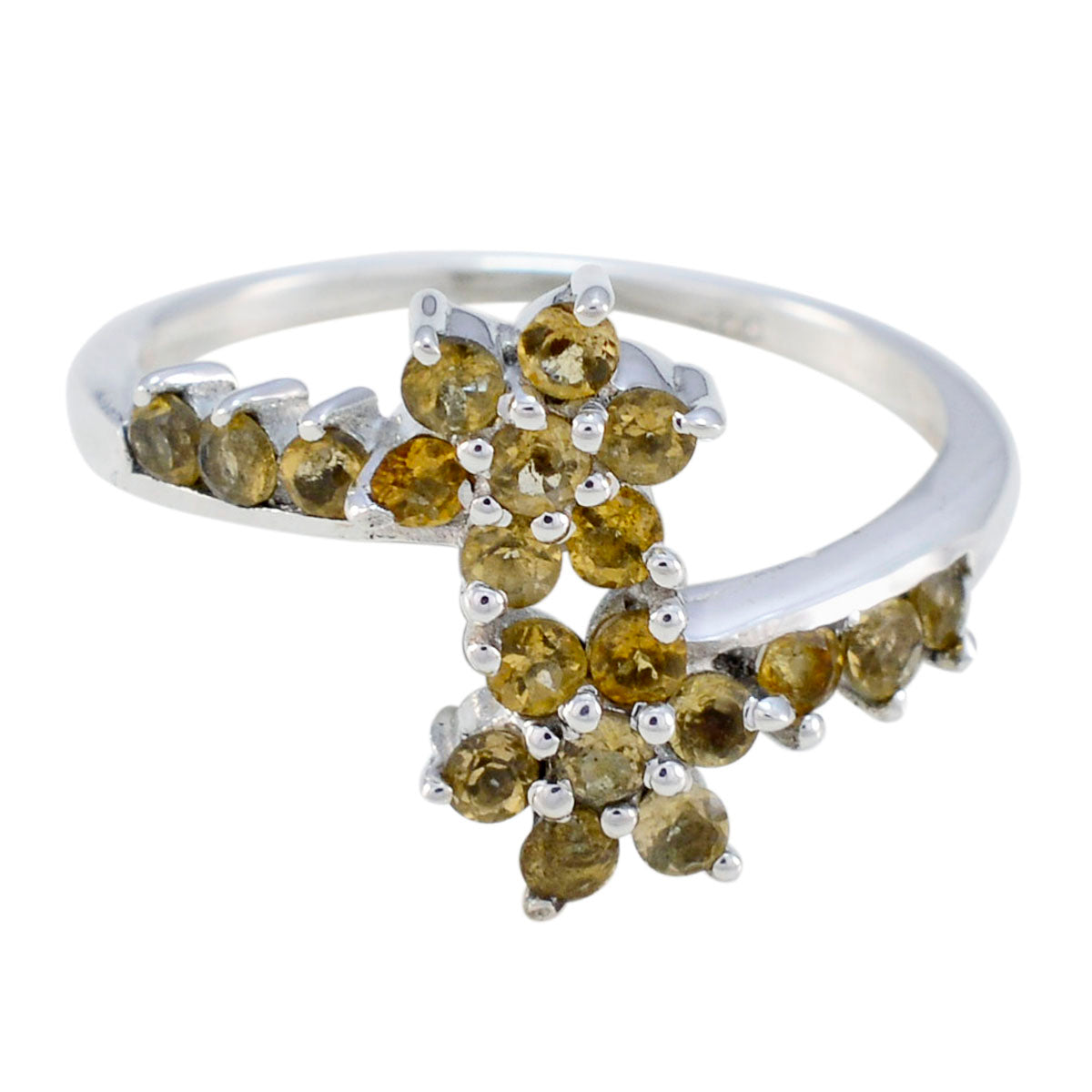 Kristine silver floral cluster yellow gemstone ring with prong set round stones and crossover band