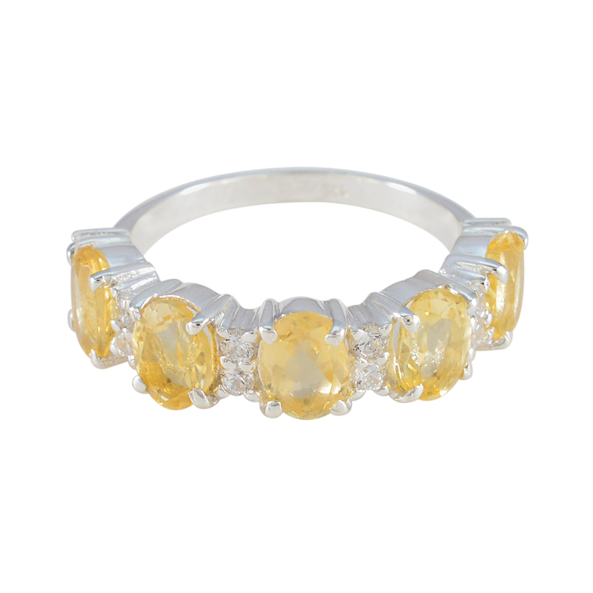 Stella yellow gemstone ring with five oval yellow stones and small diamond accents on silver band