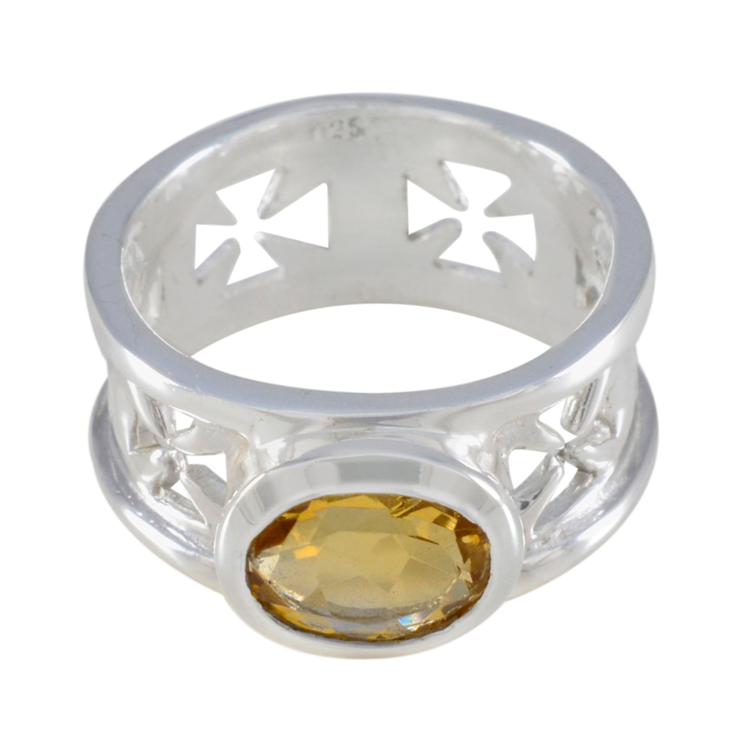 Emily silver ring featuring yellow gemstone solitaire ring with cross cutout design band