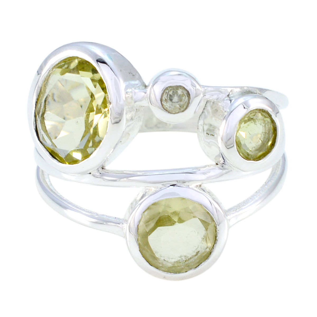 Julia sterling silver ring with three faceted bezel set yellow stones on split band yellow gemstone statement ring