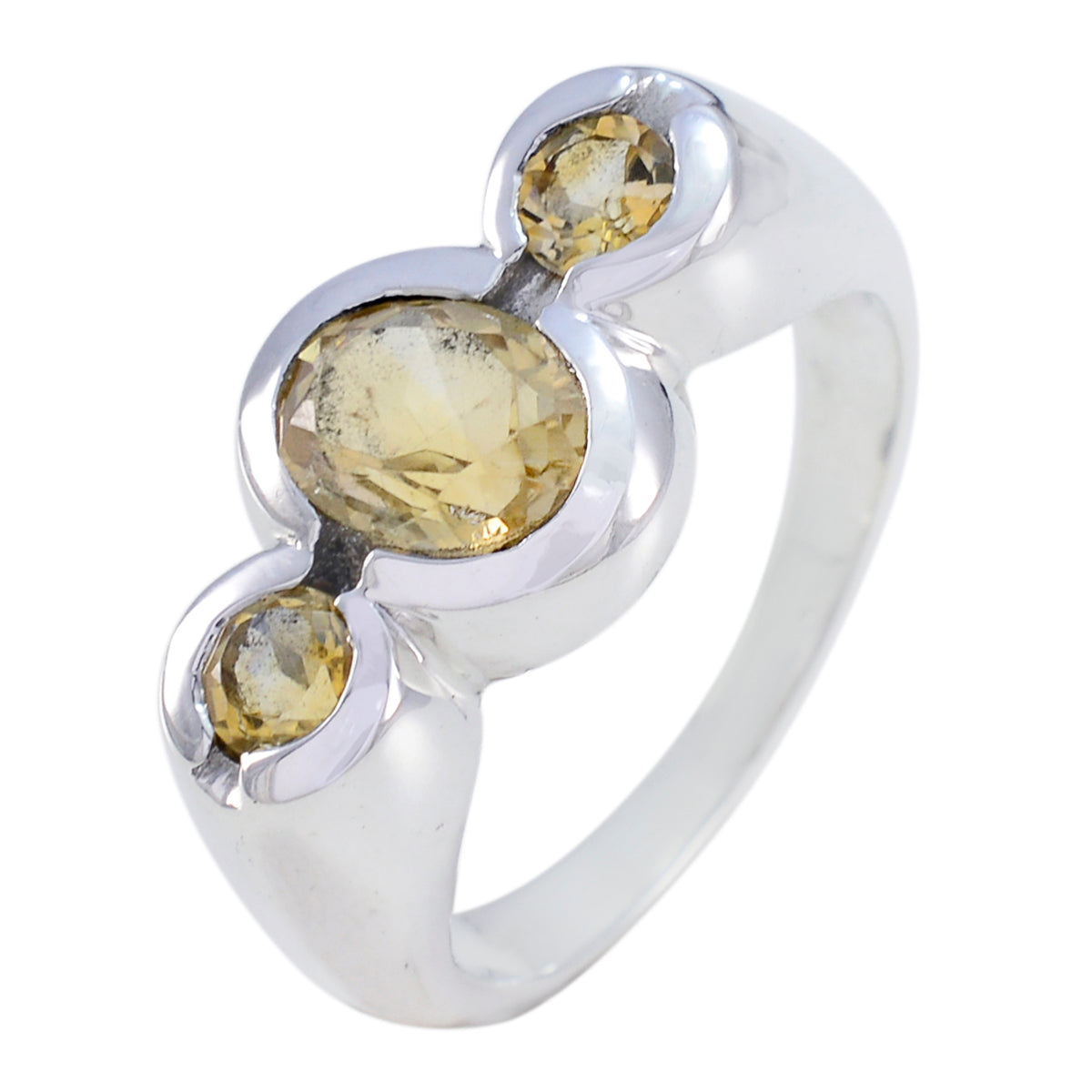 Priya polished silver band yellow gemstone trilogy ring with three bezel set round yellow stones