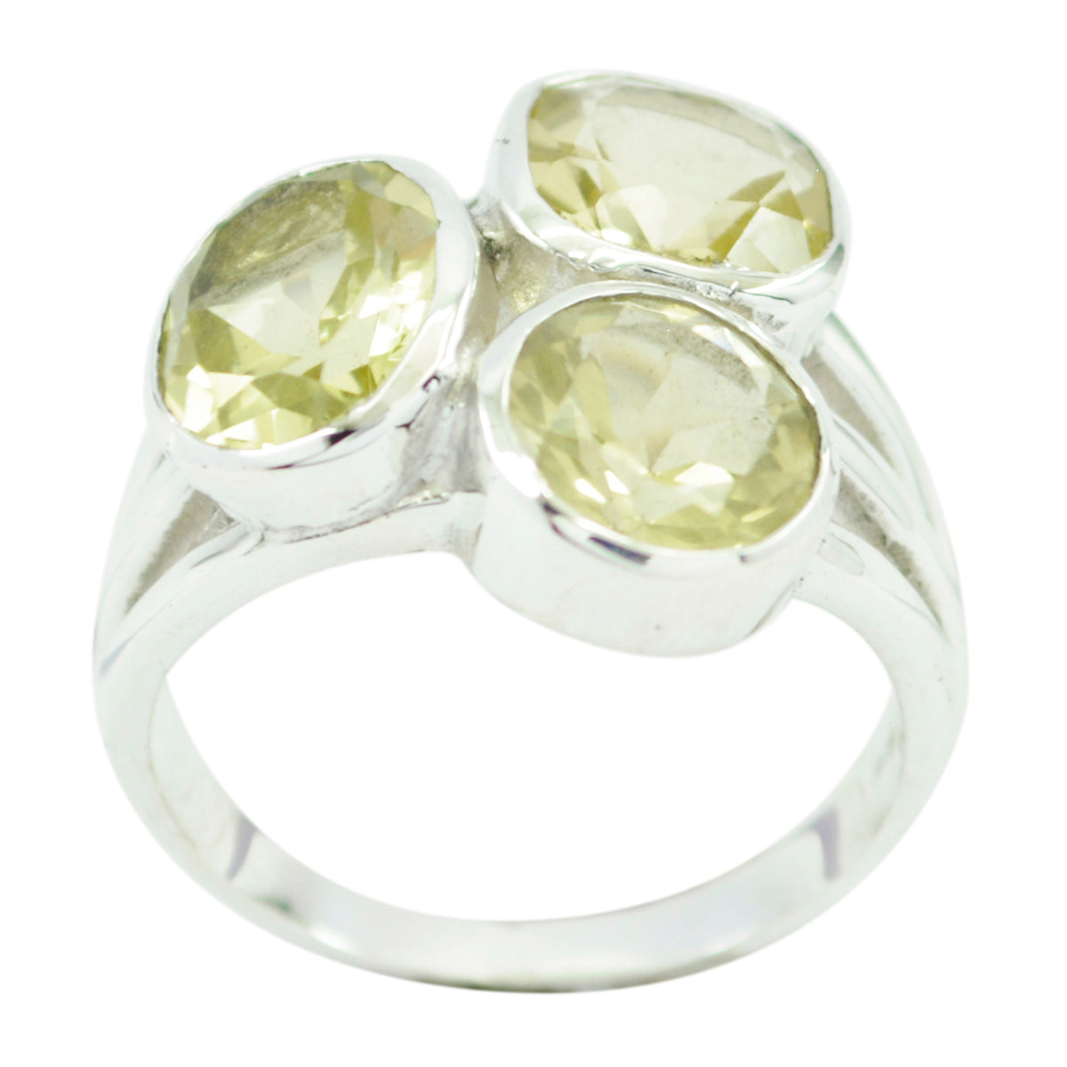 Nova sterling silver ring with three bezel set pale citrine stones yellow gemstone trilogy ring