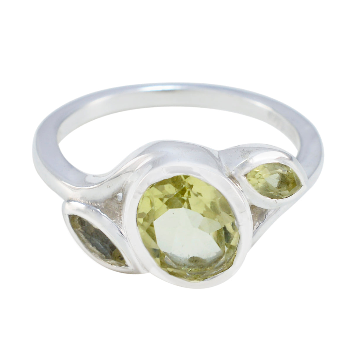 Fernanda yellow gemstone trilogy ring with three faceted yellow gemstones set in silver band