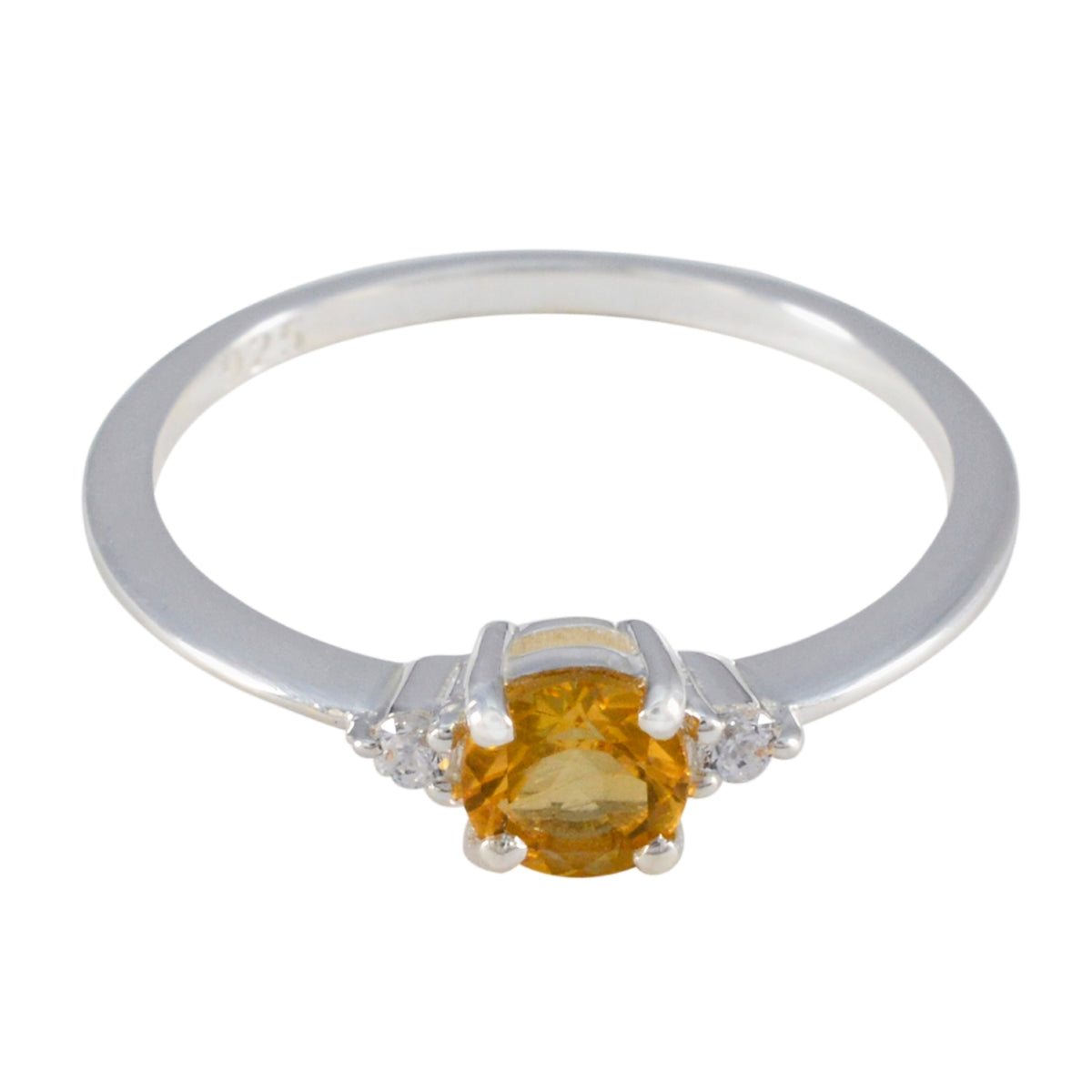 Xiu yellow gemstone trilogy ring with a round yellow center stone and silver band