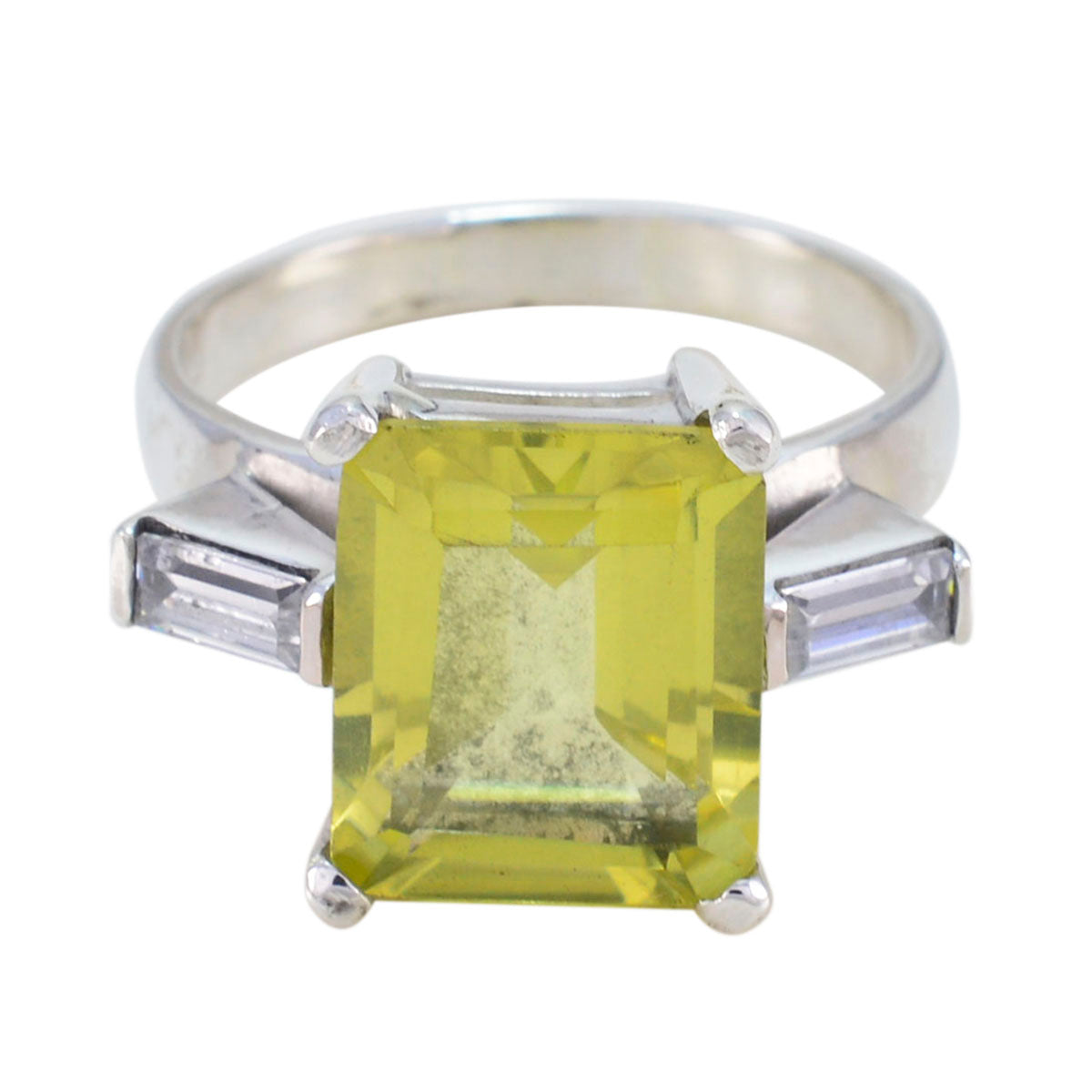 Mila yellow gemstone trilogy ring with a large square yellow gemstone and two smaller clear gemstones