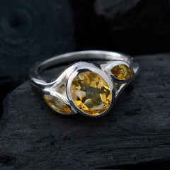 Riley sterling silver yellow gemstone trilogy ring with central round faceted citrine and two marquise side stones