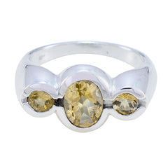 Priya sterling silver yellow gemstone trilogy ring with oval center stone and two round side stones