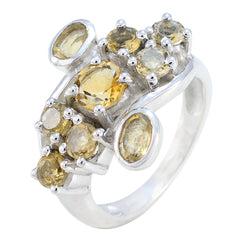 Putri silver yellow navratna ring with central round yellow gemstone and clustered oval and round stones