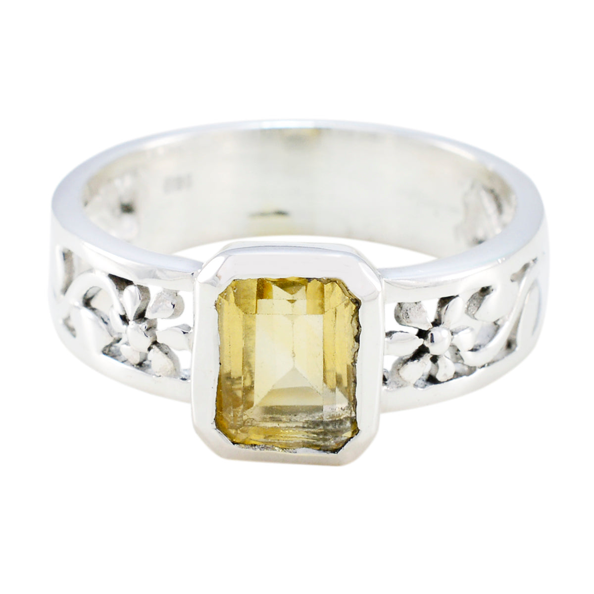 Ines Yellow Solitaire Ring India with Floral Silver Design Citrine Yellow