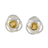 Riley Yellow Solitaire Stud Earrings in Silver Twist Design Citrine Yellow Stud