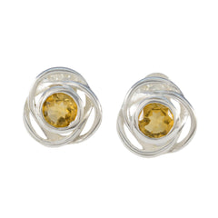 Riley Yellow Solitaire Stud Earrings in Silver Twist Design Citrine Yellow Stud