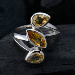Maria yellow trilogy gemstone ring with three pear-shaped yellow stones set in silver band