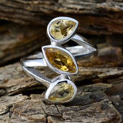 Silver yellow trilogy gemstone ring with three yellow gemstones in unique shapes by Maria