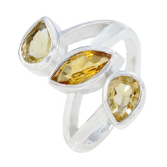 Silver yellow trilogy gemstone ring with pear and marquise cut yellow stones