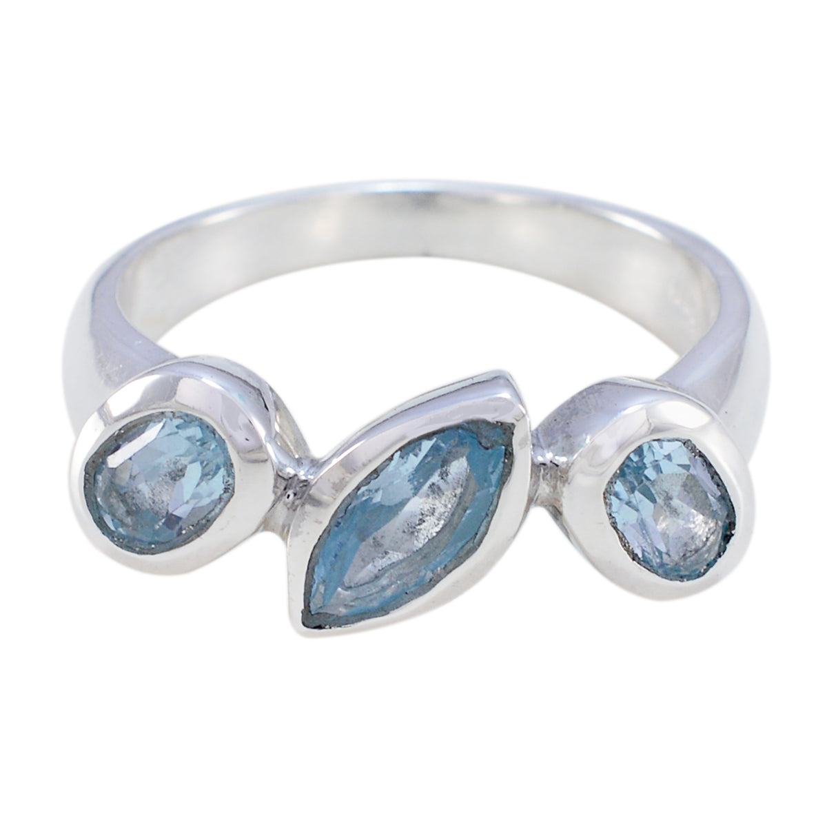 Laura artisan blue gemstone ring with three unique blue stones set in silver band
