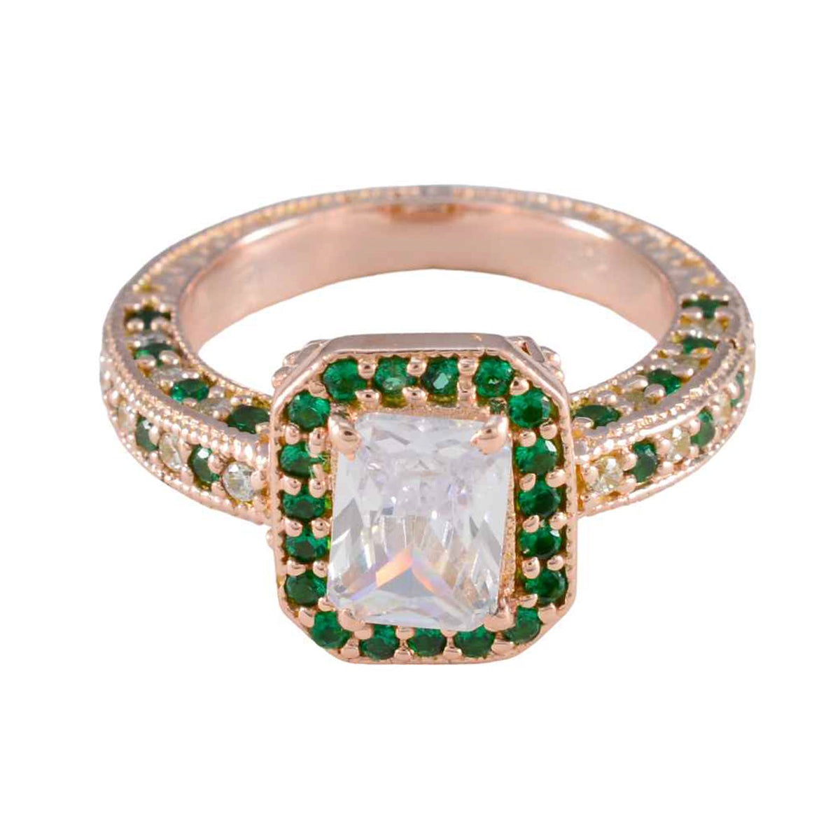 Grace Green Halo Ring Rose Gold Plated Gemstone Ring Emerald CZ Green