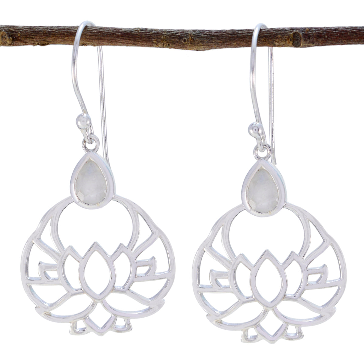 Rosa White Featherlight Earrings - Elegant Lotus Design Rainbow Moonstone White Dangle