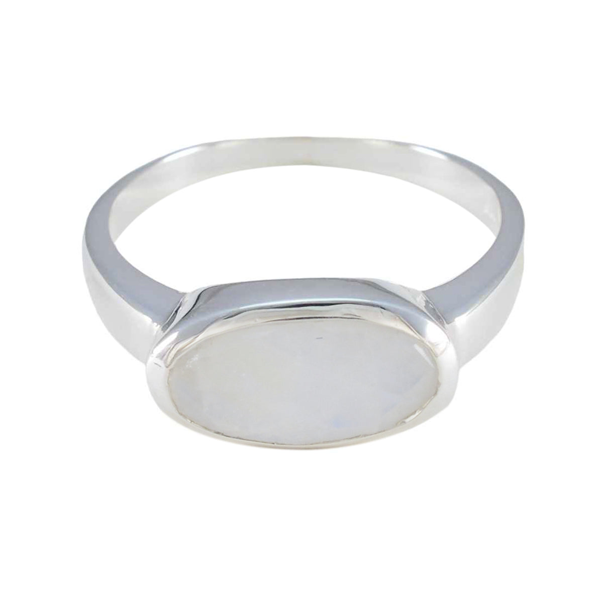 Ayesha sterling silver white solitaire ring with oval white cabochon stone and polished band