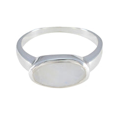 Ayesha sterling silver white solitaire ring with oval white cabochon stone and polished band