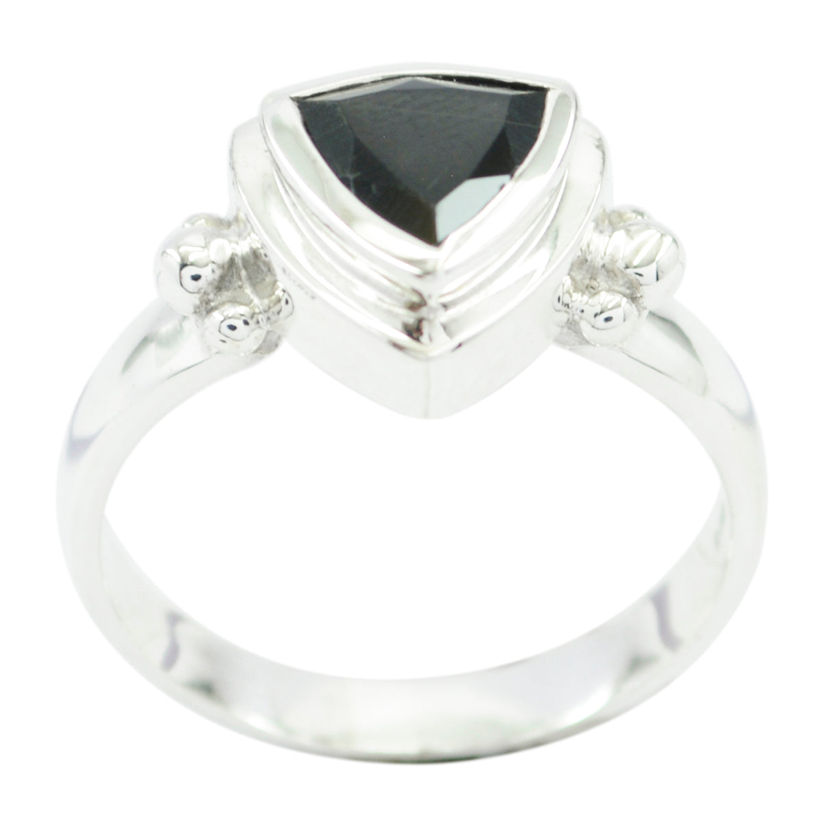 Laura black solitaire ring with a triangular black stone set in a silver band