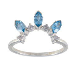 Josephine blue crown trilogy ring with three marquise blue stones and silver band