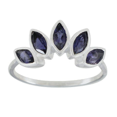 Claire blue gemstone crown ring with five marquise-cut blue stones set in silver band