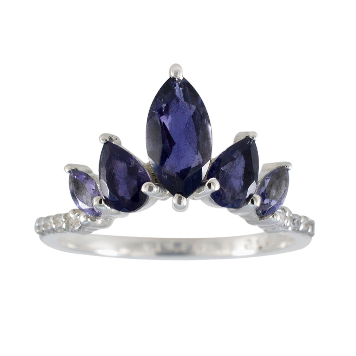 Rina blue gemstone crown ring with five deep blue teardrop-shaped stones set in silver band