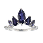 Rina blue gemstone crown ring with five deep blue teardrop-shaped stones set in silver band