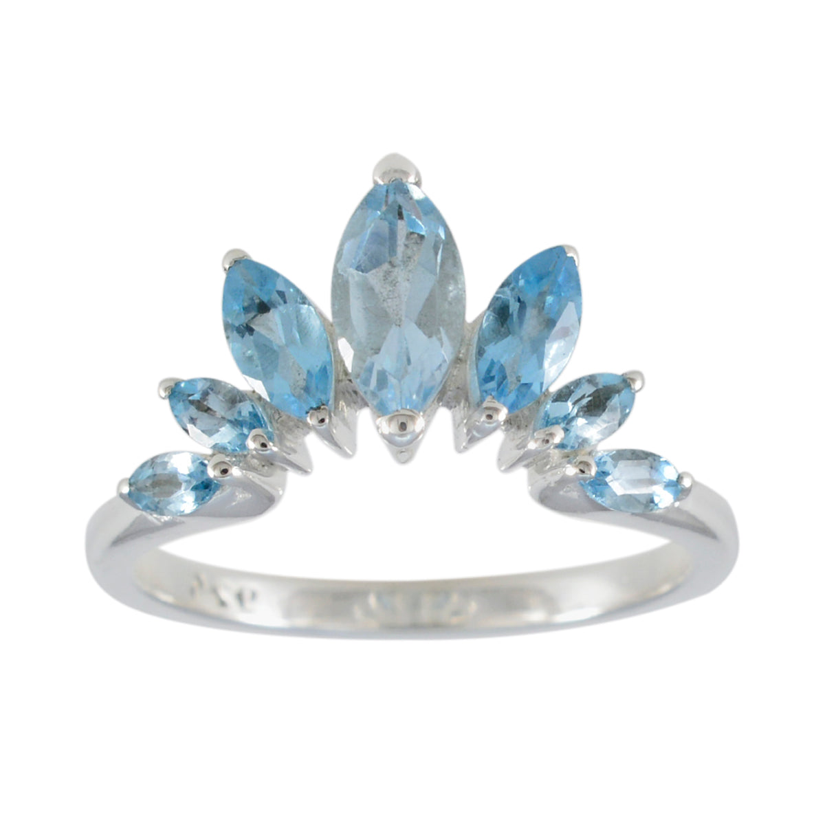 Eleanor silver blue gemstone crown ring with marquise-cut light blue stones in a crown design
