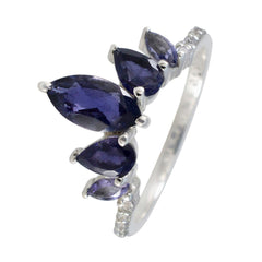 Rina silver blue gemstone crown ring with marquise and pear shaped blue stones