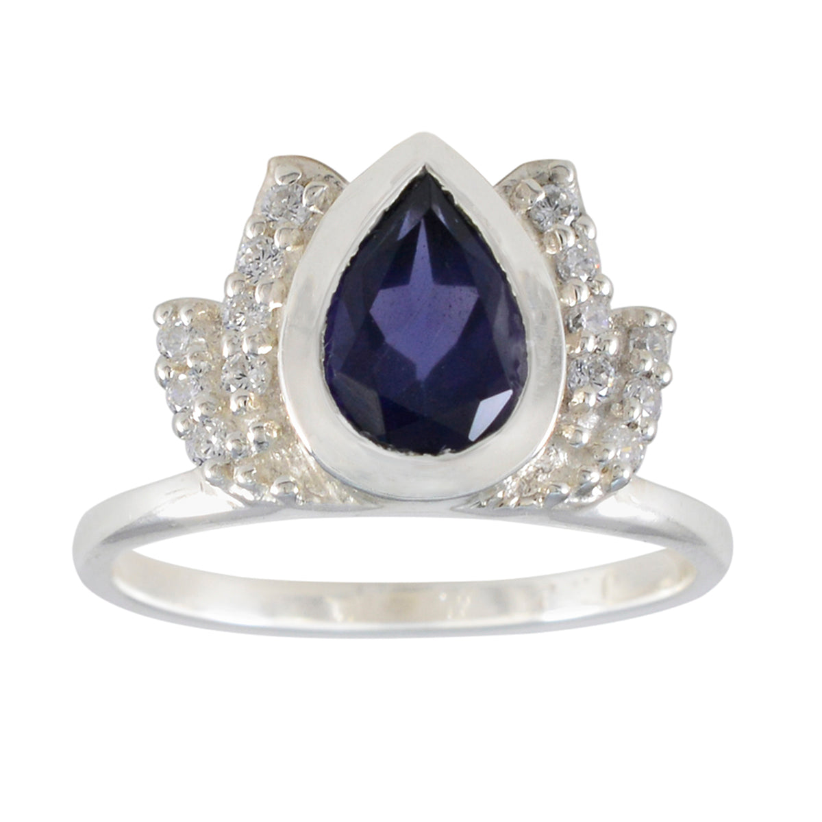 Dewi silver ring with a pear-shaped blue gemstone halo ring design featuring small clear stones