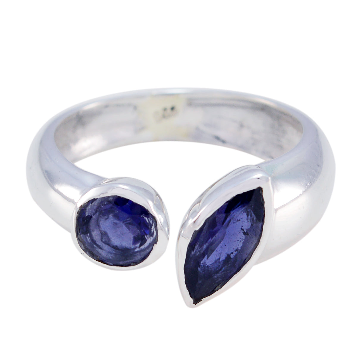 Jia silver band blue gemstone toi et moi ring with round and marquise stones