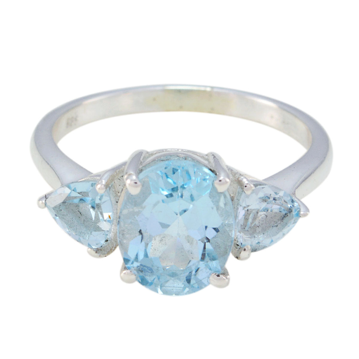 Chloe blue gemstone trilogy ring featuring three sparkling blue gemstones set in silver band