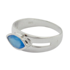 Anna silver band blue solitaire ring with marquise cut blue gemstone centerpiece