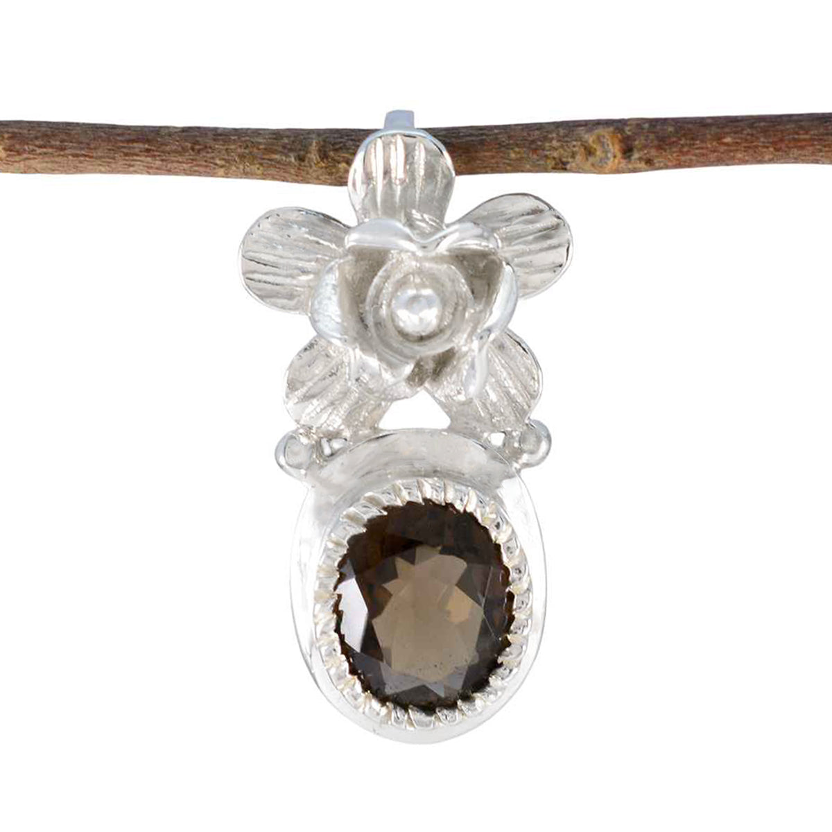 Ángeles Brown Gemstone Pendant with Floral Silver Design smoky quartz Brown Brown
