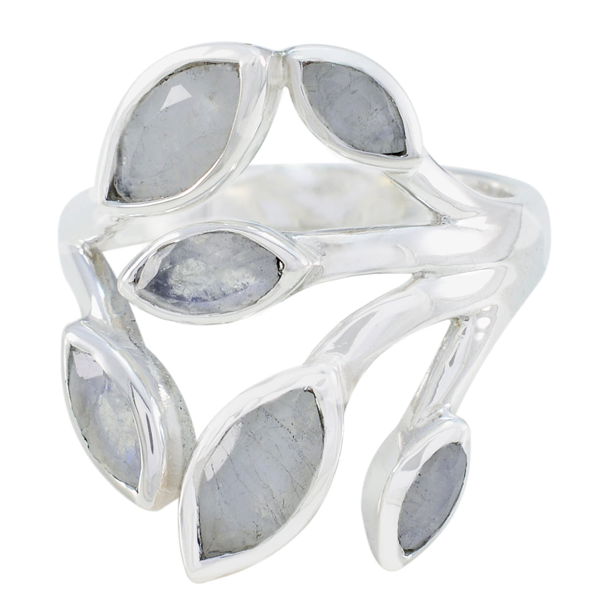 Freya leaf design gemstone ring with multiple marquise-shaped gray gemstones in silver setting