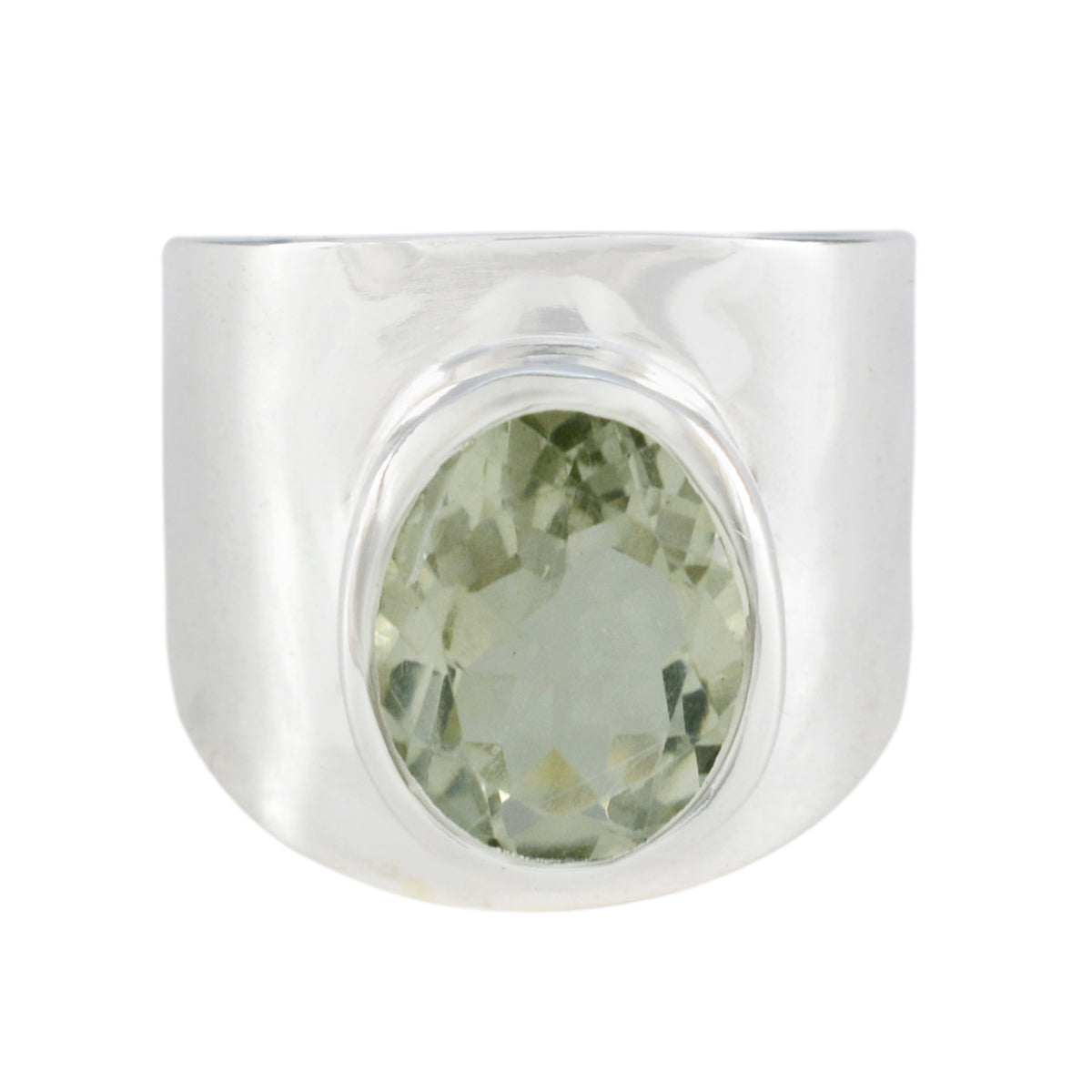 Angel light green solitaire ring with oval gemstone set in wide silver band