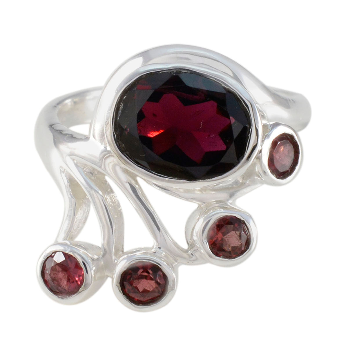 Nayara modern red gemstone ring with a large oval center stone and four smaller round red gemstones