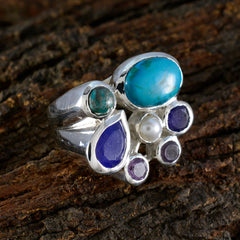 Emilia multicolor gemstone cocktail ring with blue, purple, and pearl stones set in silver