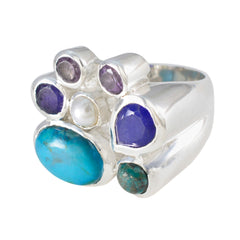 Emilia silver multicolor gemstone cocktail ring with turquoise pearl and amethyst stones