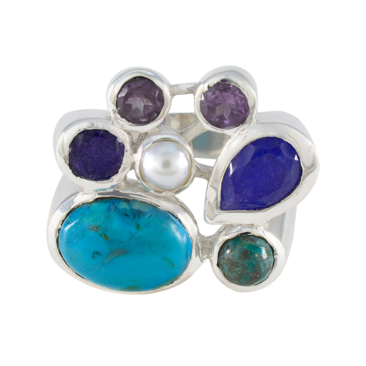 Emilia multicolor gemstone cocktail ring with turquoise, pearl, amethyst, and lapis stones in silver setting