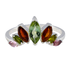 Mei multicolor gemstone crown ring with green, red, pink, and yellow stones in silver setting