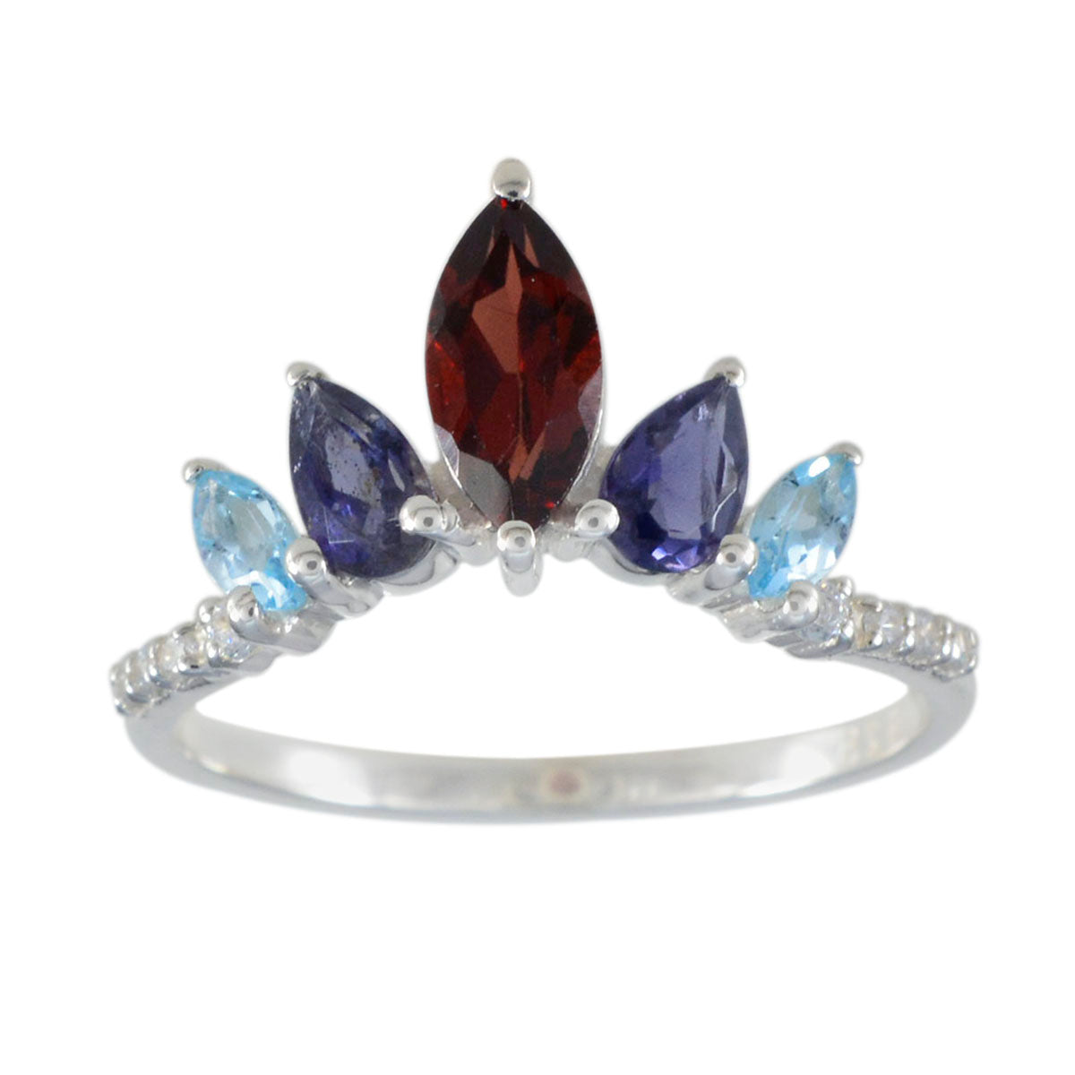 Seo-yeon multicolor gemstone crown ring with red, purple, and blue stones in silver band