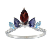 Seo-yeon multicolor gemstone crown ring with red, purple, and blue stones in silver band