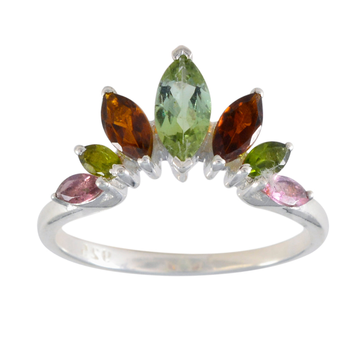 Mei multicolor gemstone crown ring with green, orange, pink, and yellow stones set in silver band