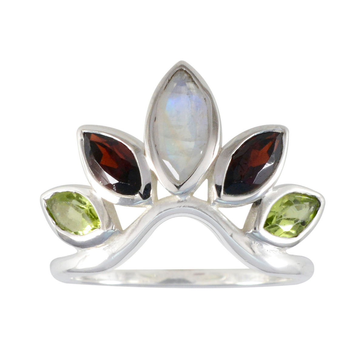 Nari multicolor gemstone crown ring with marquise-cut stones in silver setting