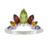 Eliza multicolor gemstone crown ring with green, red, yellow, and purple stones set in silver band