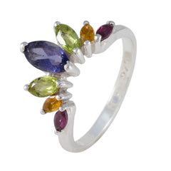 Min-seo multicolor gemstone crown ring with purple, green, yellow, and red stones in silver band